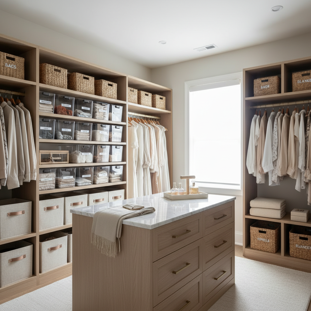 Organized closet shelves using labeled storage bins and baskets