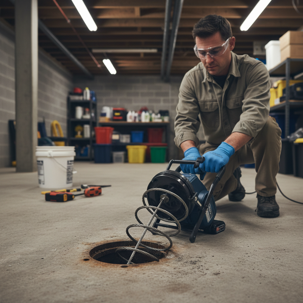 Using a powered drain auger at a basement cleanout for a main line clog