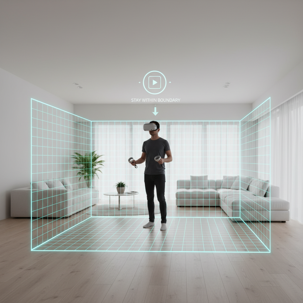 VR boundary grid and safety setup for playing VR tennis at home