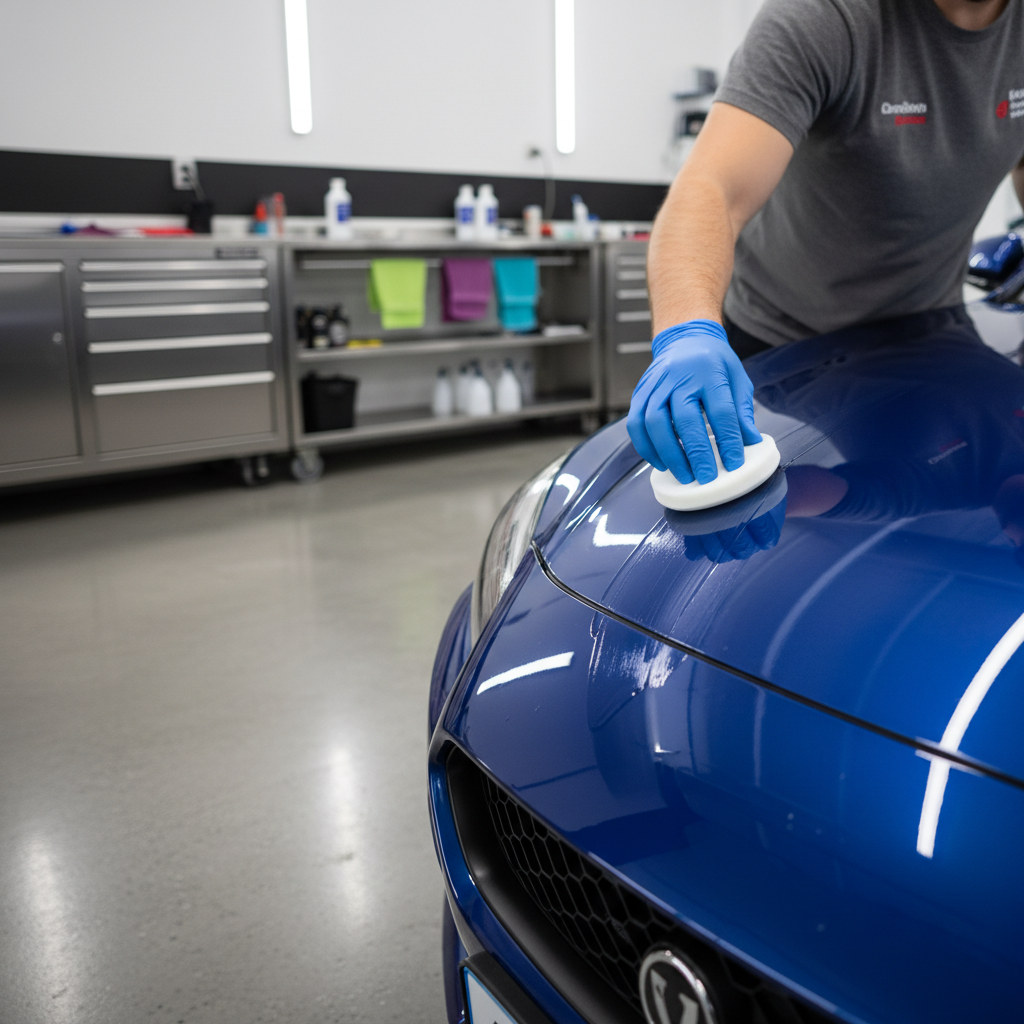 Applying paint sealant to a clean car panel in a garage