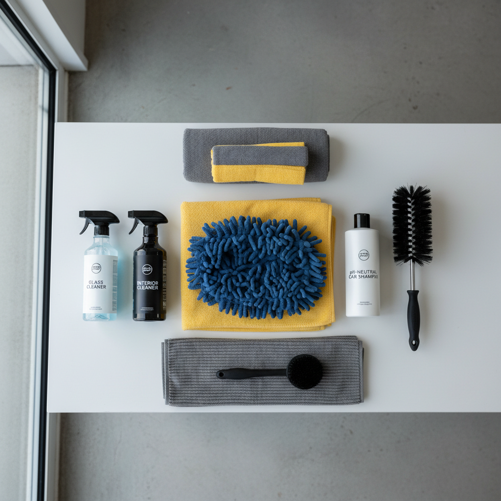 Complete car cleaning kit laid out with microfiber towels, wash mitt, car soap, wheel brush, and interior cleaner