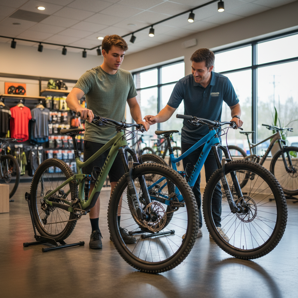 Beginner rider choosing a mountain bike in a bike shop