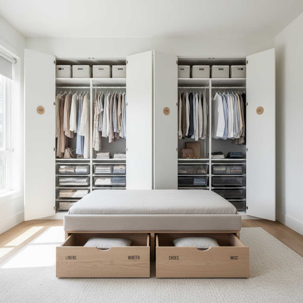 Under-bed storage and closet organization for couples in a small bedroom