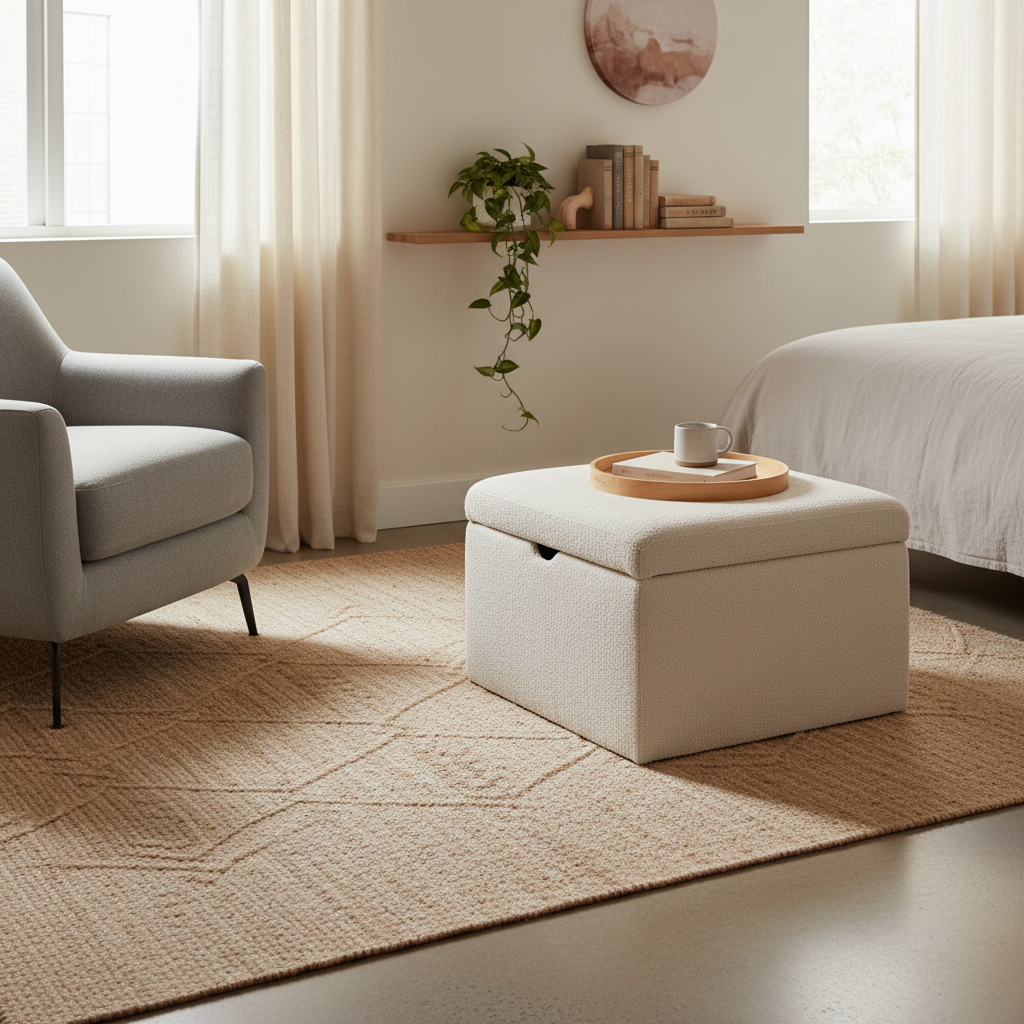 Minimalist small bedroom reading nook with storage ottoman and floating shelf