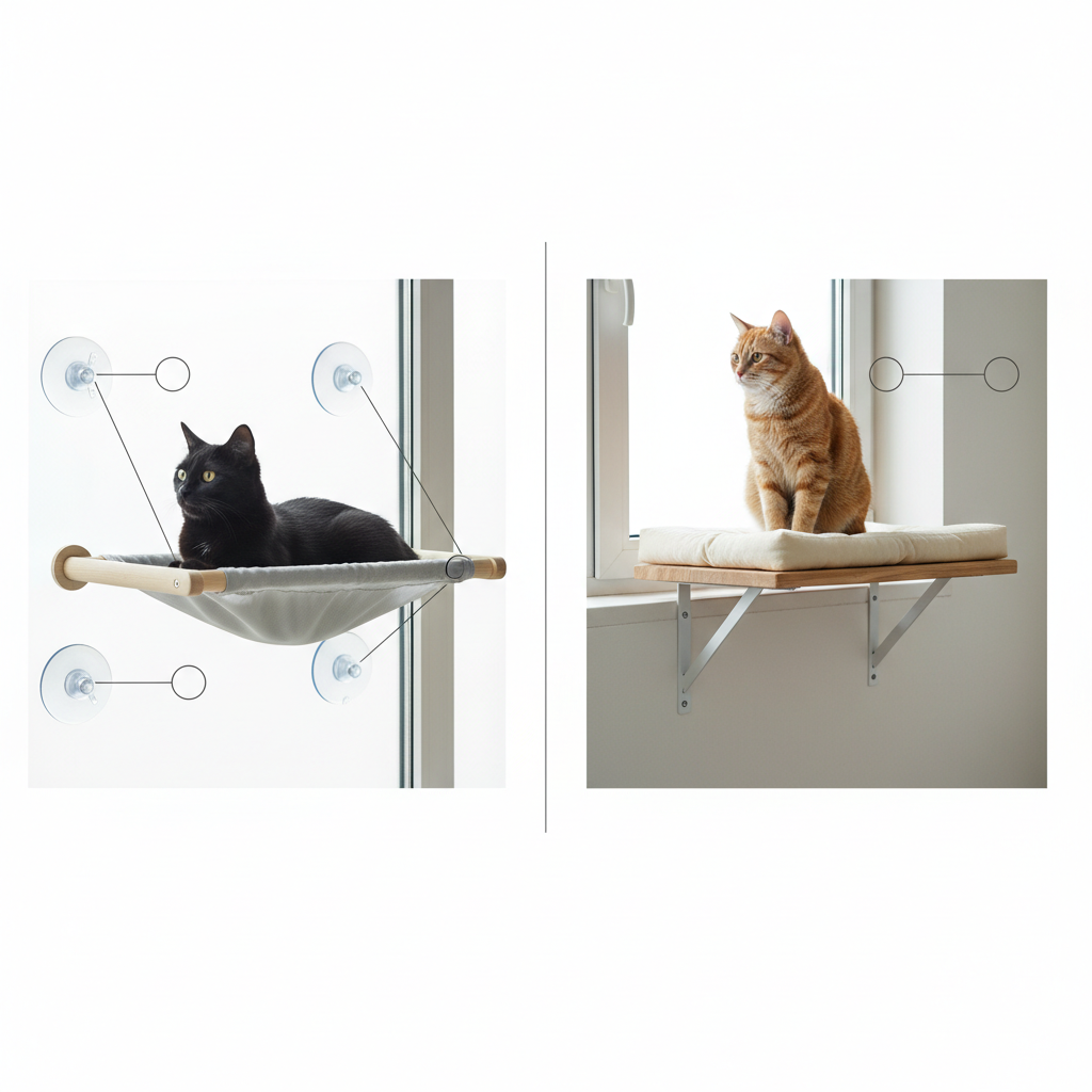 Comparison of suction cup vs bracket-supported cat window perch mounts