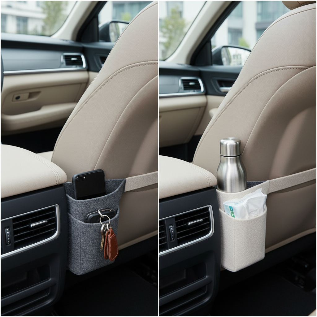 Comparison of seat-gap organizer and between-seat caddy in a modern car interior
