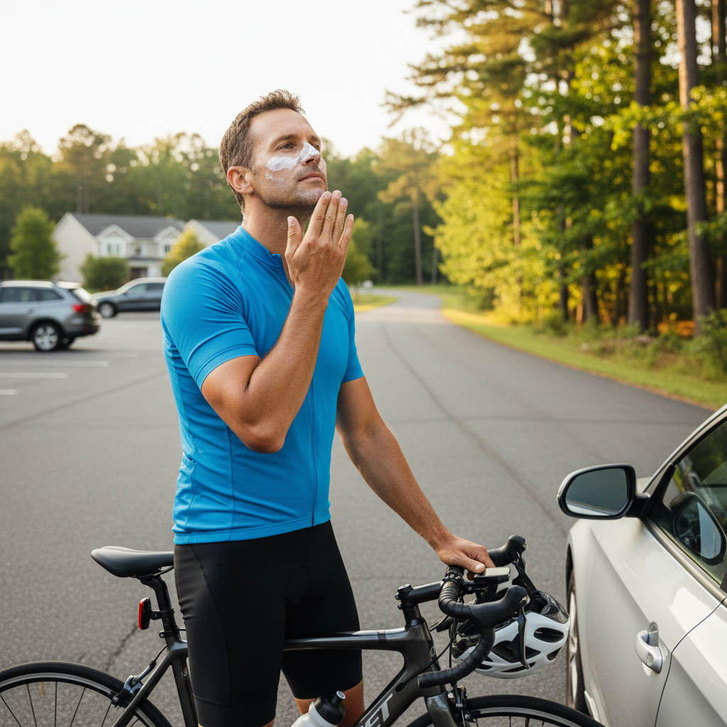 Cyclist applying sunscreen before a road ride
