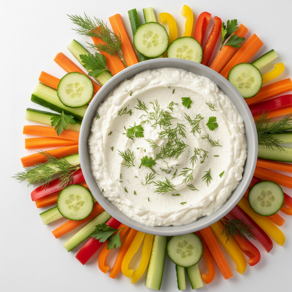 Cottage cheese ranch dip with fresh vegetables and herbs