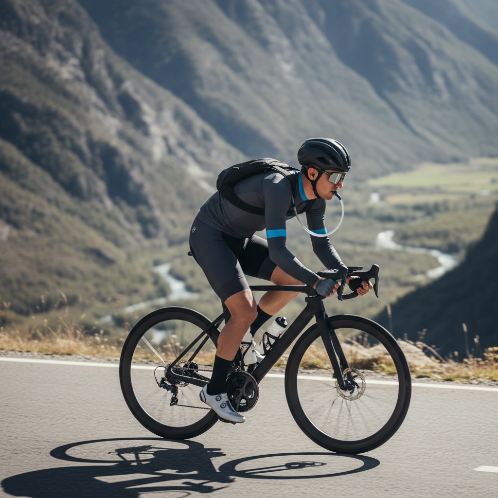 Cyclist wearing a hydration pack on a long road ride