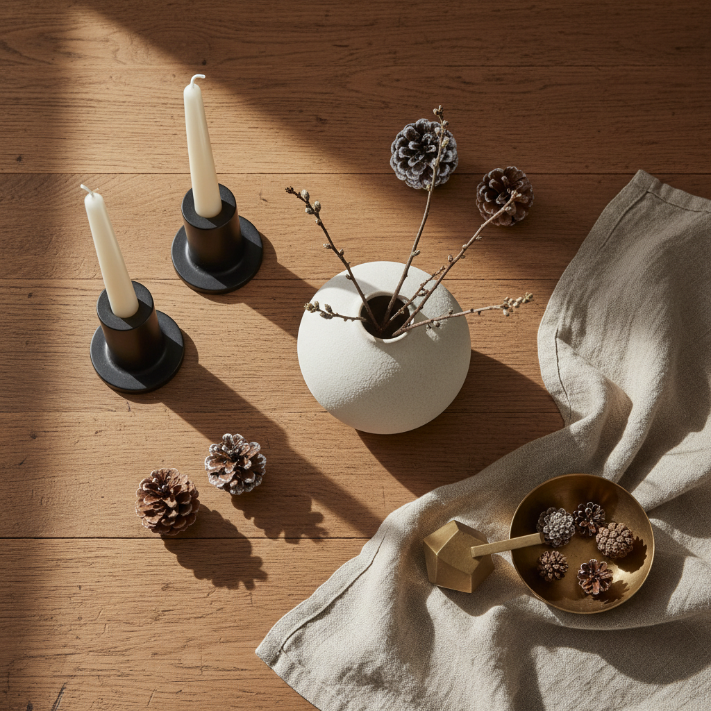 Neutral winter decor styling with candles, ceramic vase, pinecones, and warm wood accents