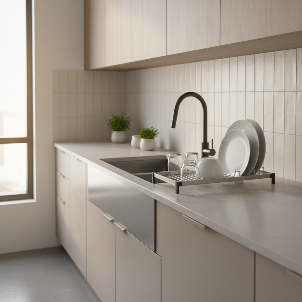 Over-the-sink compact dish rack in a modern small kitchen apartment