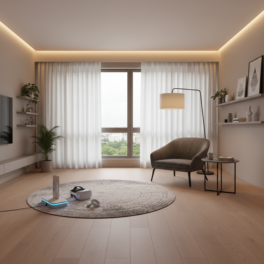 Small VR play area setup with boundary space and charging station