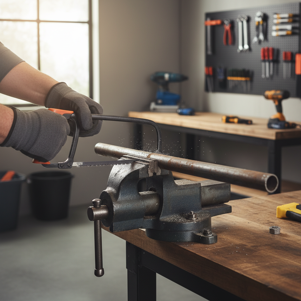 Hacksaw cutting metal pipe clamped in a bench vise