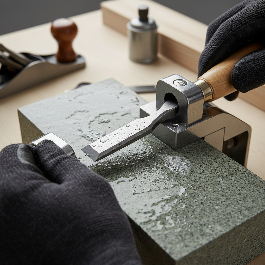 Close-up of sharpening a wood chisel on a whetstone with a honing guide