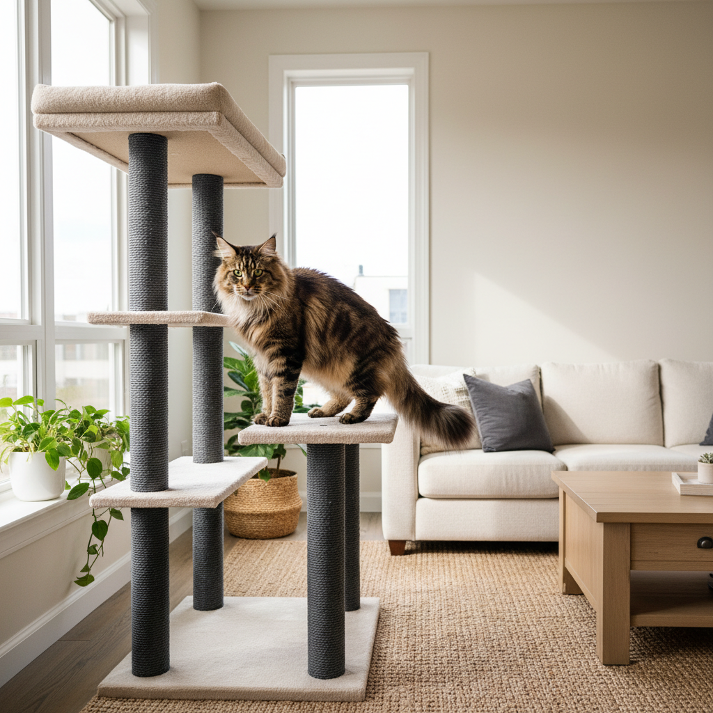 Large cat using a sturdy cat tree with wide perches