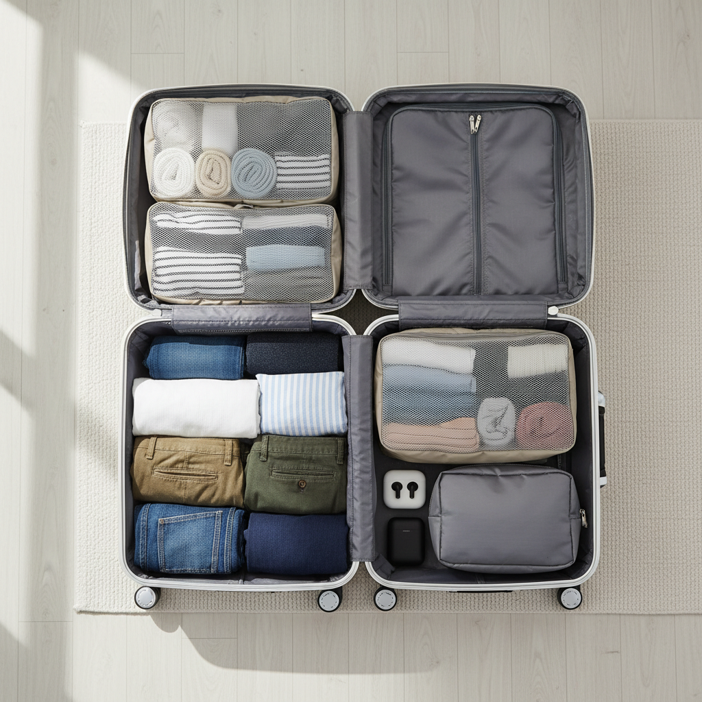 Suitcase packed with rolled pants and organized clothing cubes