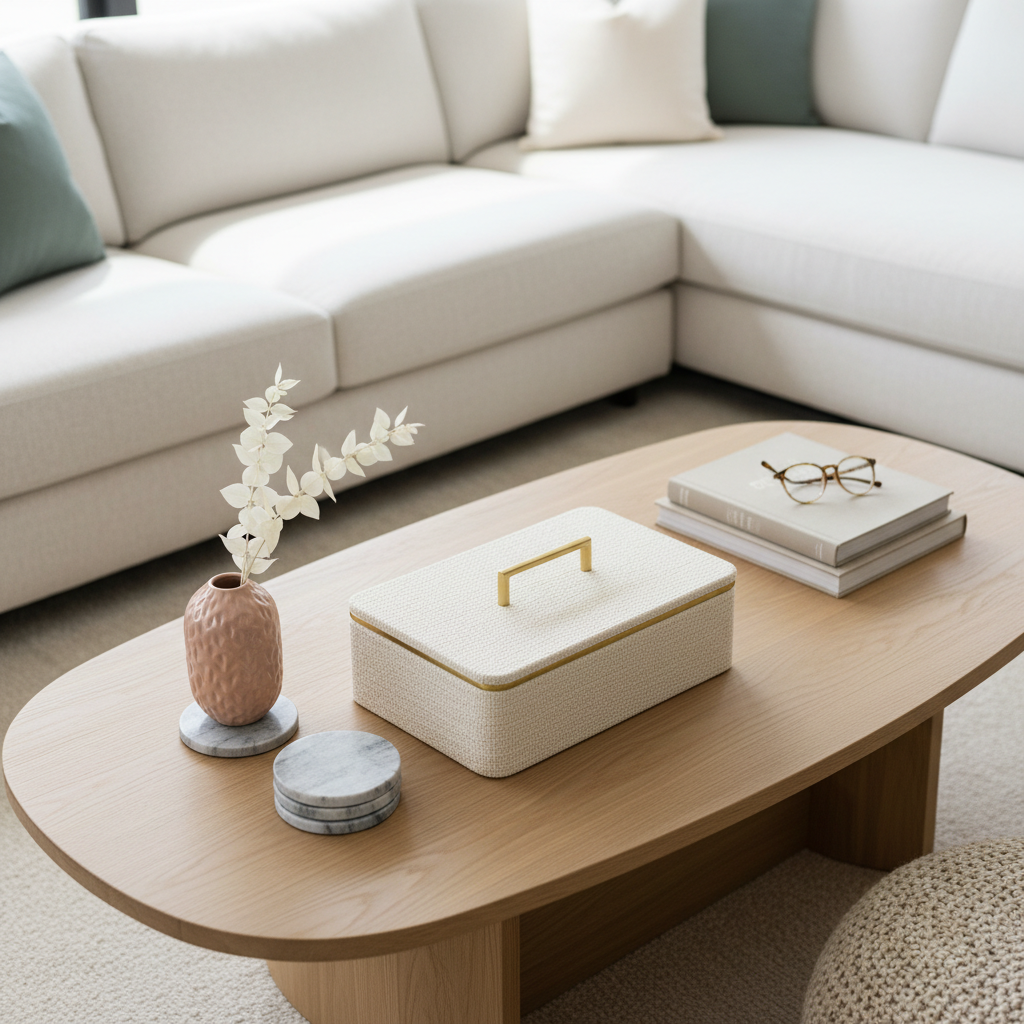 Coffee table styled with a decorative lidded storage box, coasters, and a small vase