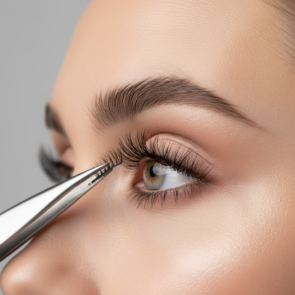 Tweezers pressing the lash band into the lash line to prevent lifting