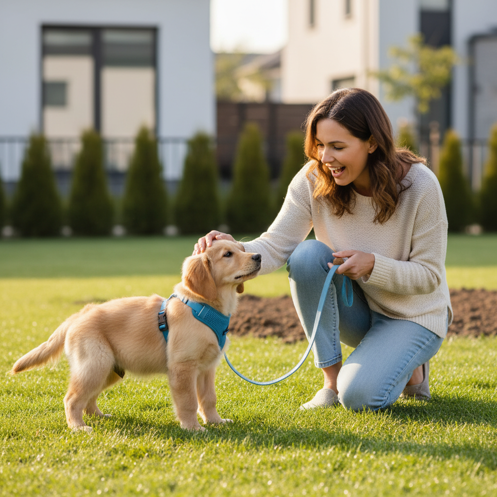 Puppy on leash outside being rewarded after potty training success