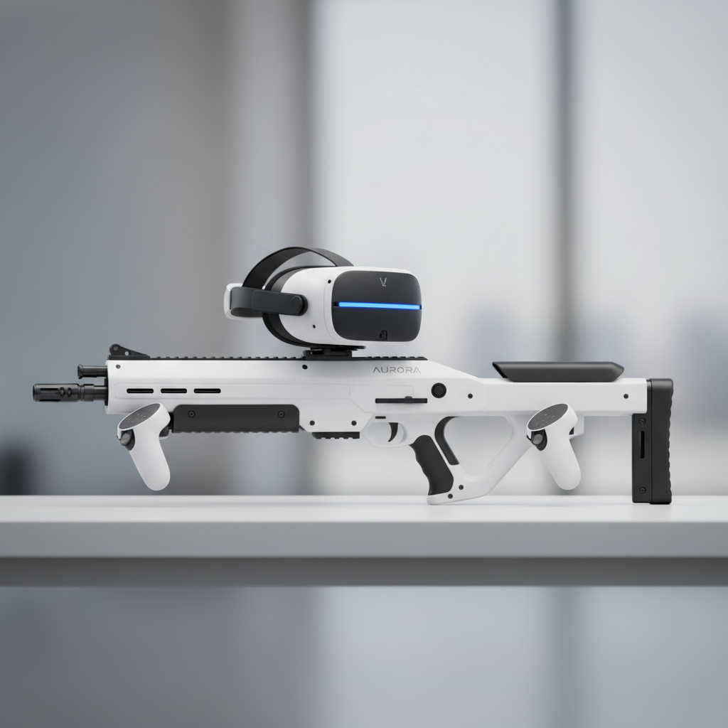 VR gun stock setup with controllers and headset on a clean desk