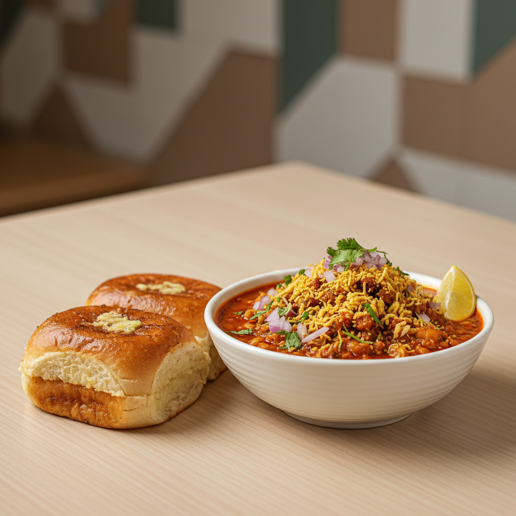 Spicy misal pav bowl with farsan, onions, cilantro and buttered pav