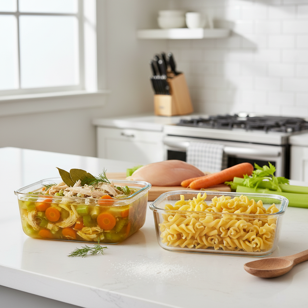 Meal prep containers with chicken soup base and noodles stored separately