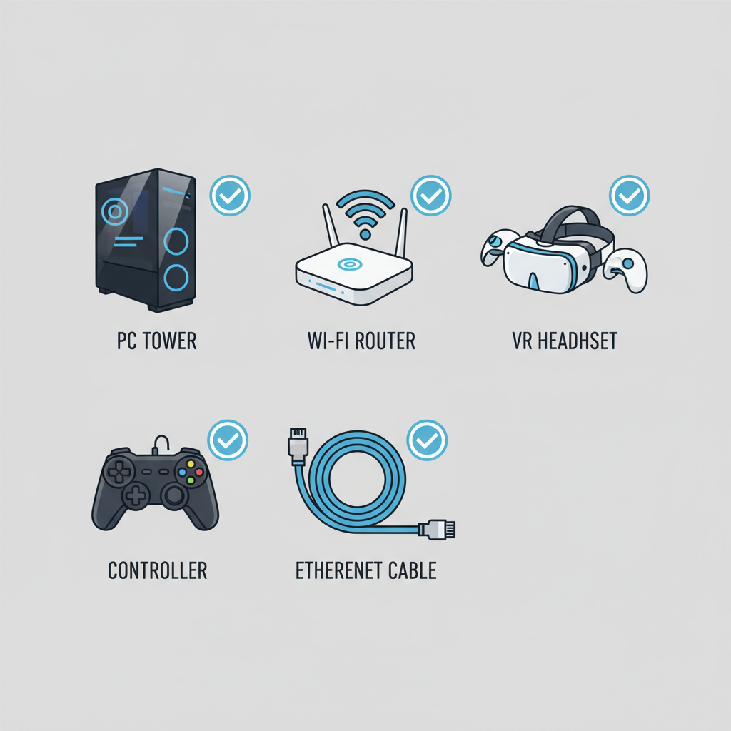 Checklist-style Fortnite VR theater setup: PC, router, headset, controller