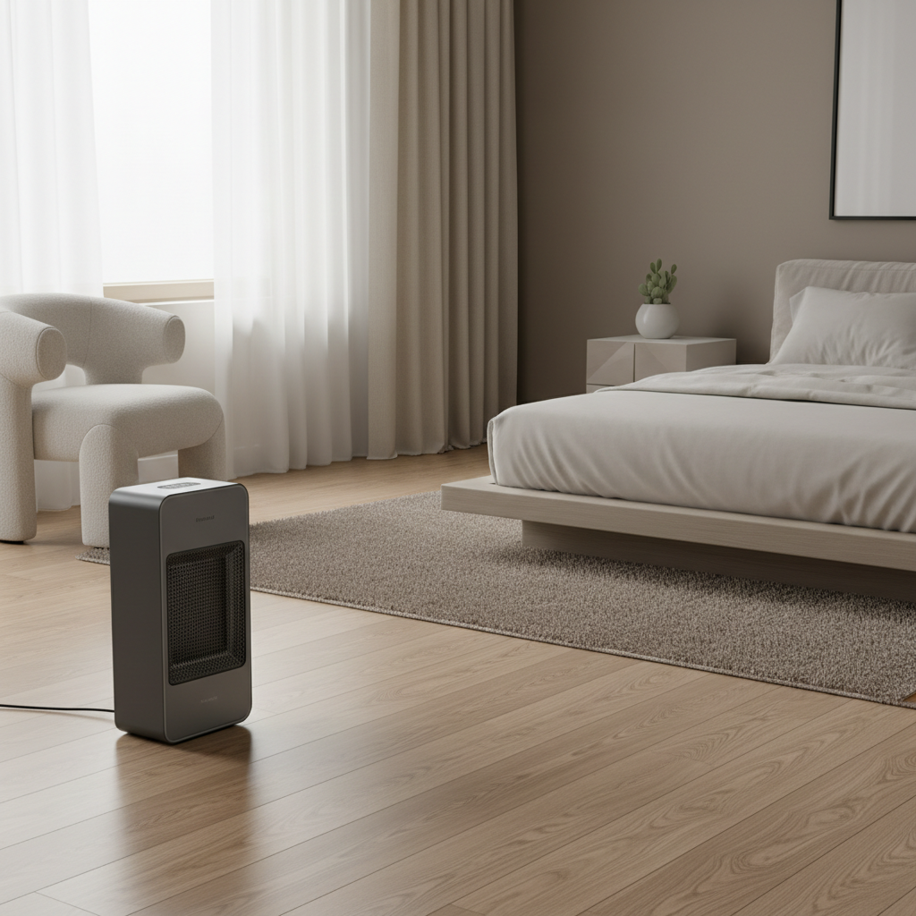 Space heater placed safely in a bedroom with proper clearance from curtains and bedding