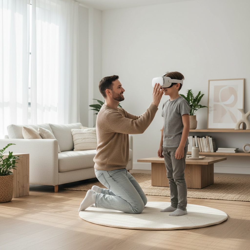 Parent helping a child set up a VR headset safely at home