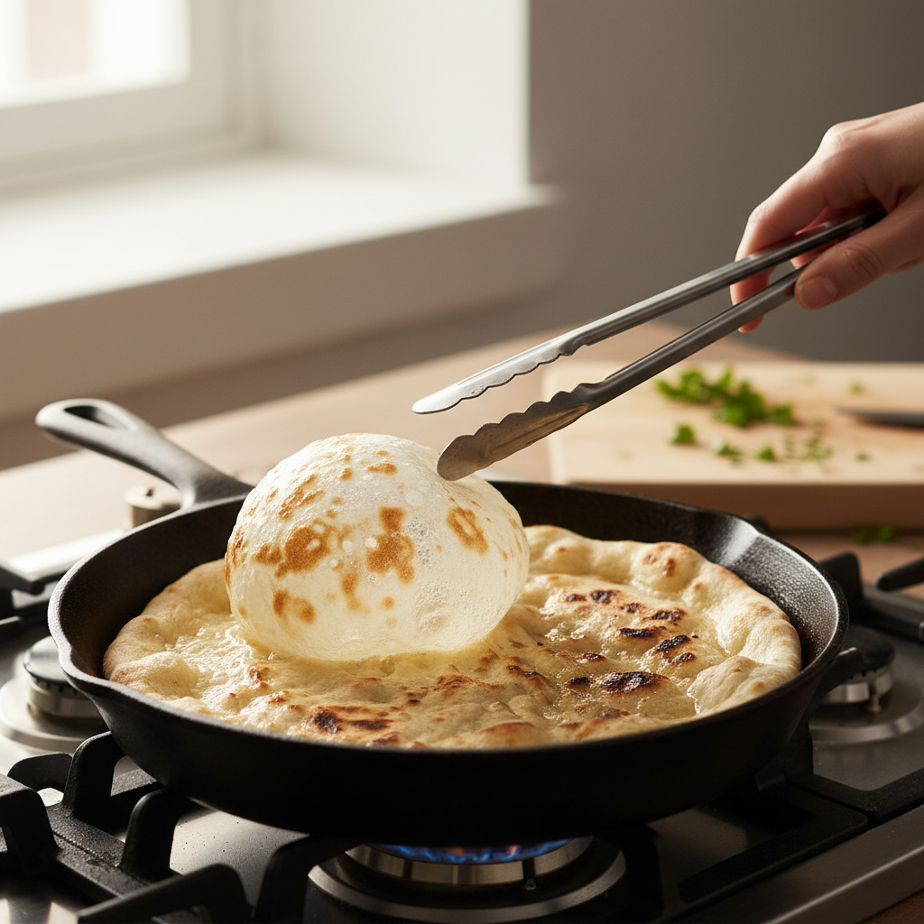 Soft homemade naan cooking with bubbles in a cast-iron skillet