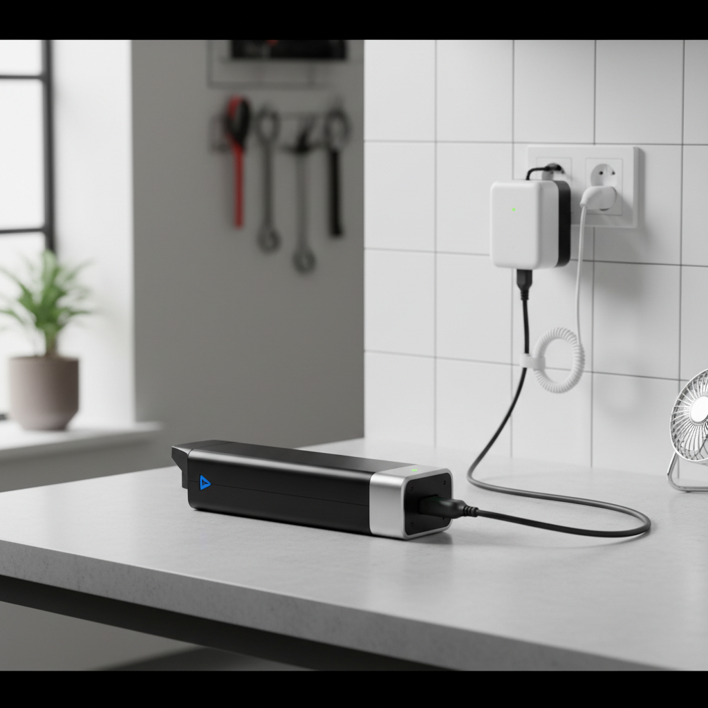 E-bike battery charging on a clean indoor workbench with proper ventilation