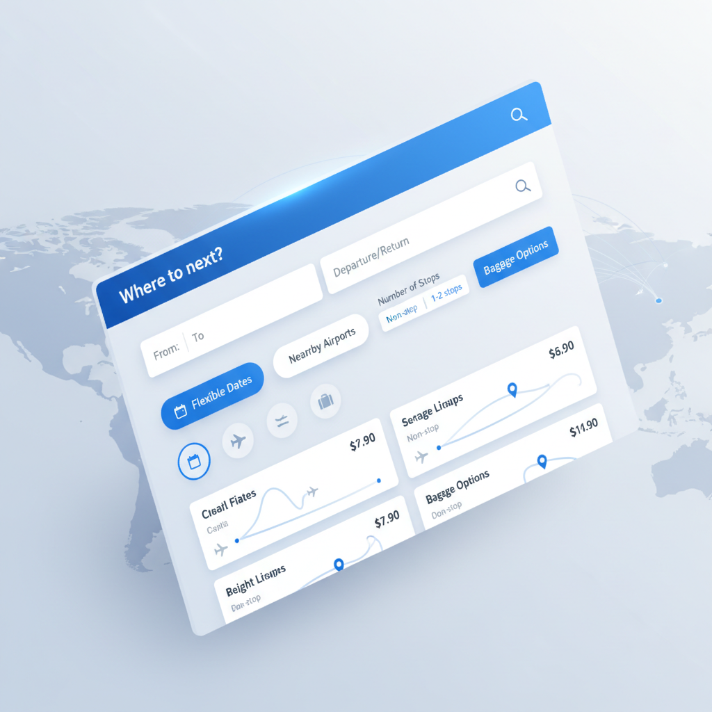 Flight search filters showing flexible dates, nearby airports, and number of stops