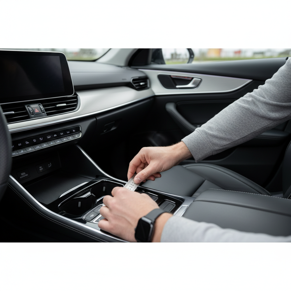 Measuring the car seat gap width with a small ruler next to center console