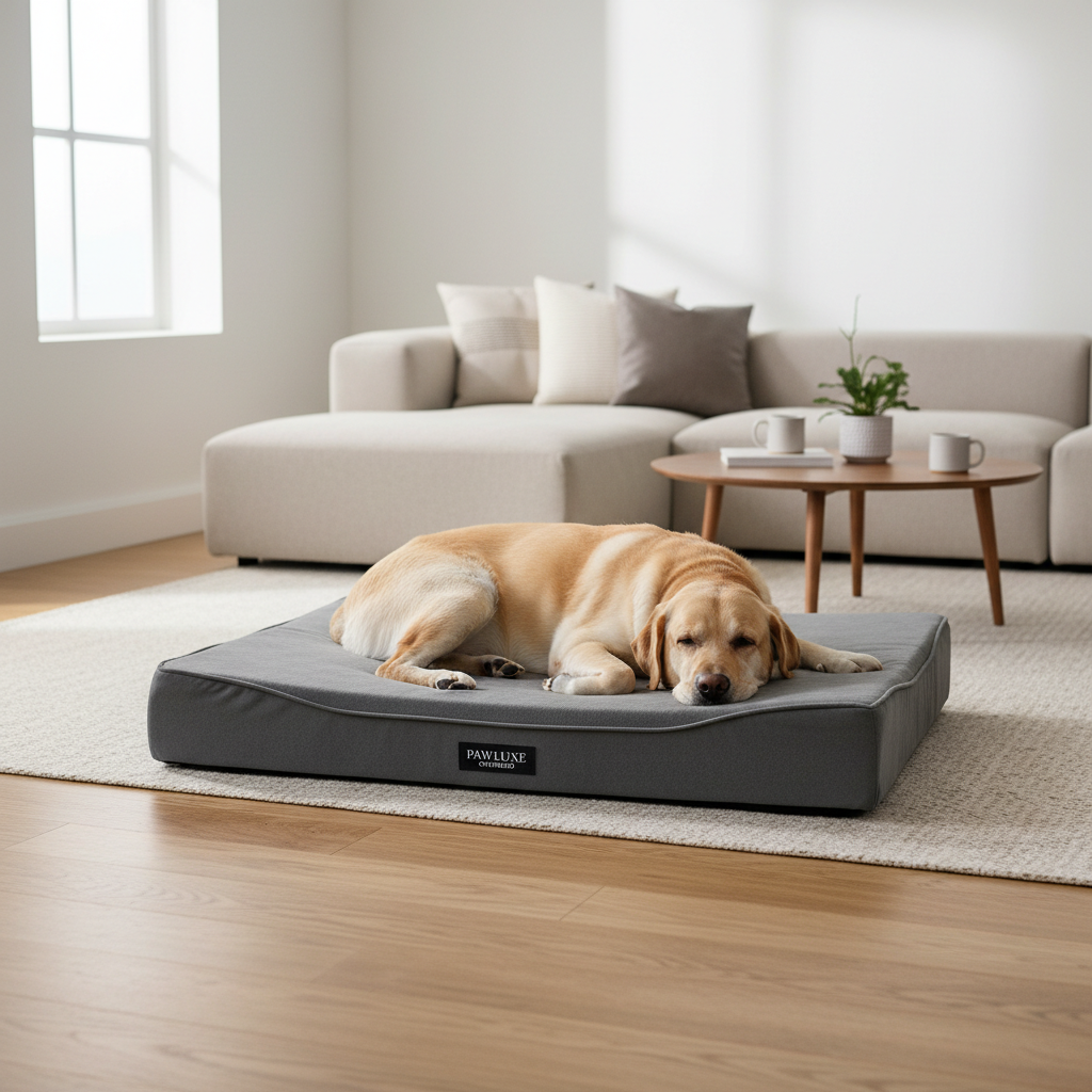 Large dog resting on a supportive orthopedic foam bed in a living room