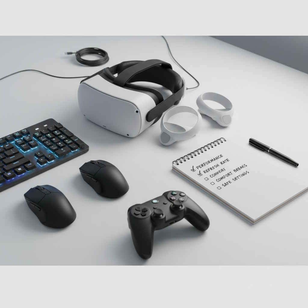 Fortnite VR setup checklist concept showing headset, PC settings, and safe play tips