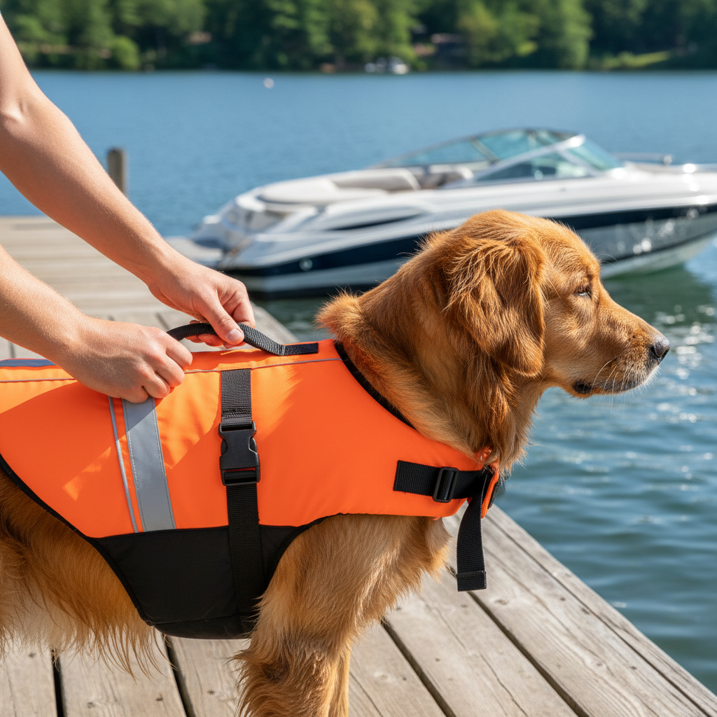 Checking straps and lift handle on a dog life jacket before boating