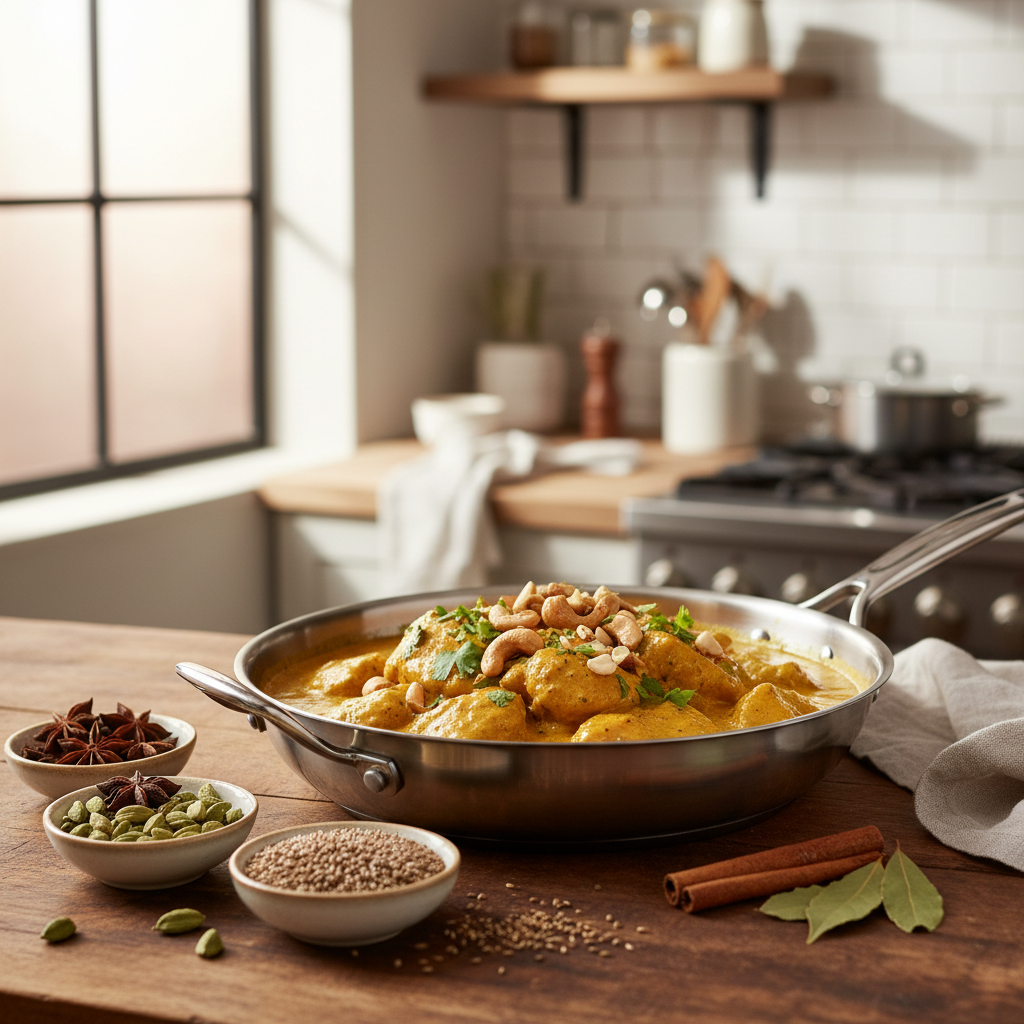 Creamy chicken korma in a skillet with toasted nuts and spices