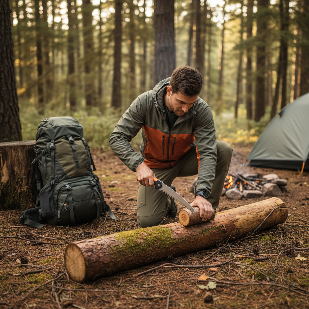 Backpacker using a compact folding saw on a small log with safe stance