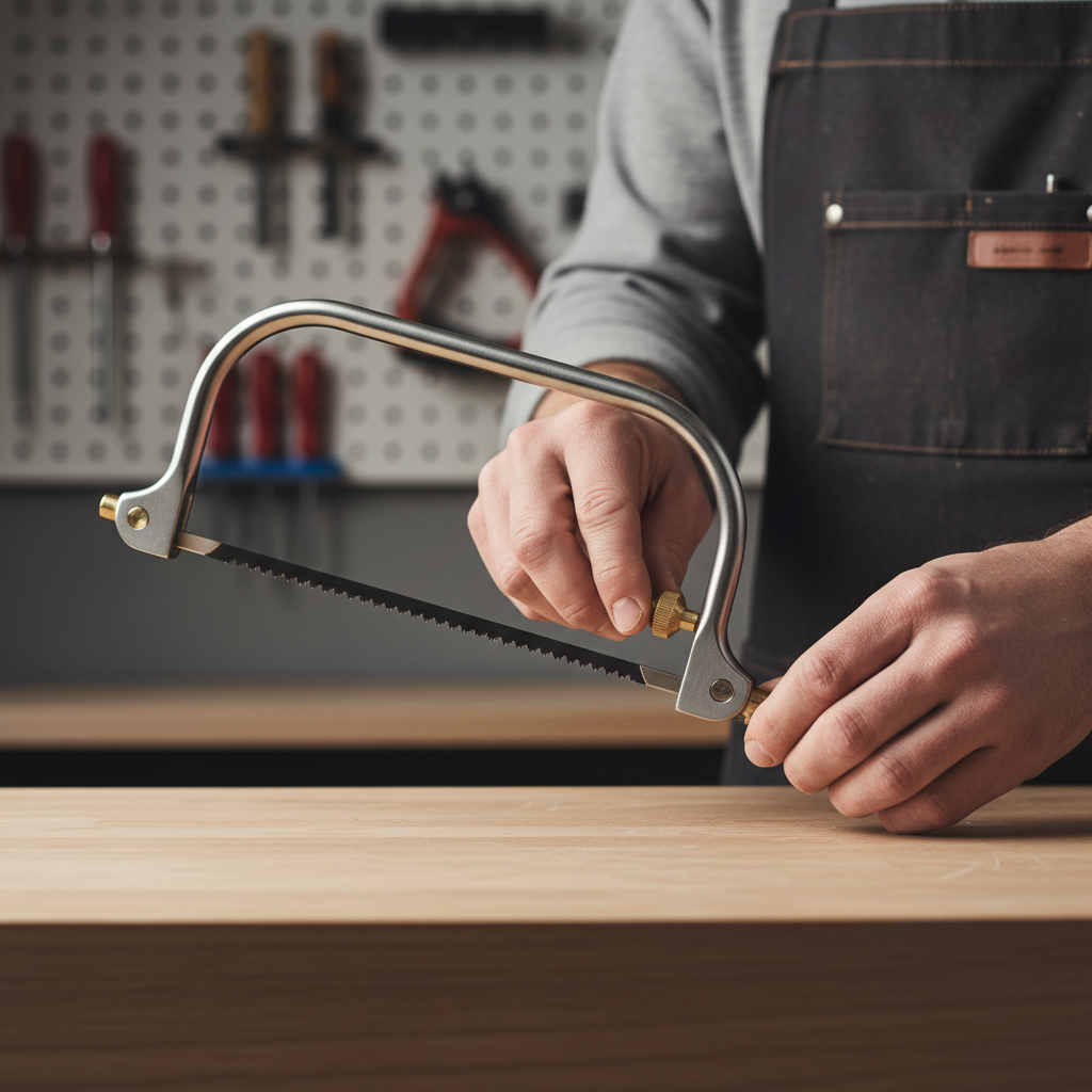 Coping saw blade tension and blade rotation setup on a workbench