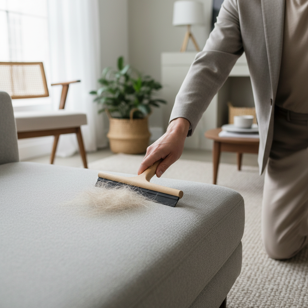 Removing pet hair from a sofa with a rubber squeegee