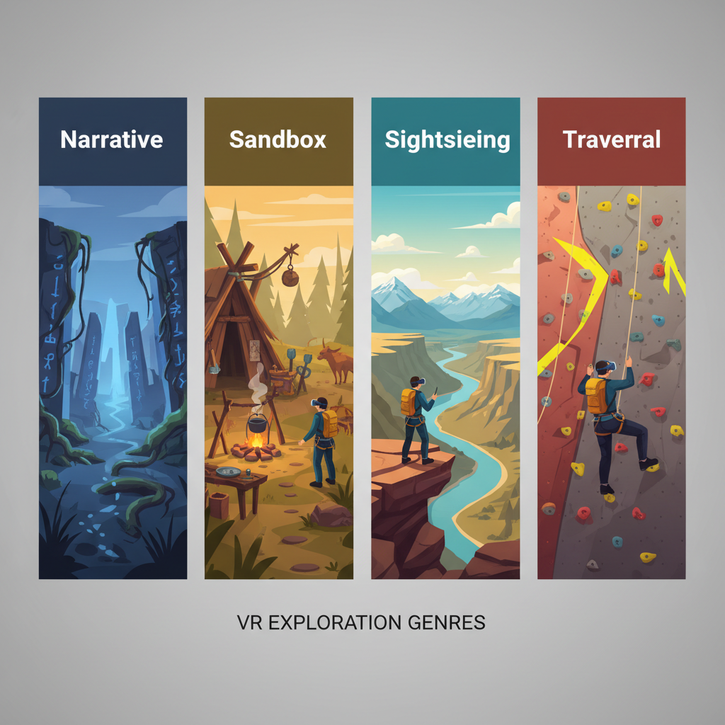 Side-by-side VR exploration game styles: narrative, sandbox, sightseeing, traversal