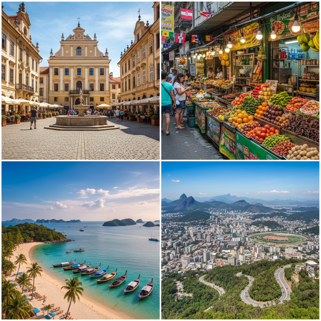 Collage of affordable travel destinations including beaches, old towns, and street food