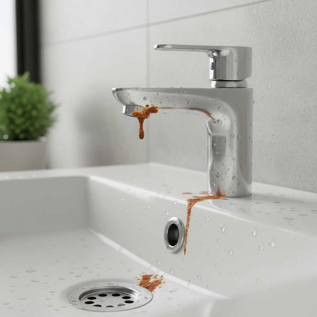 Rust stains on chrome bathroom faucet and drain before cleaning