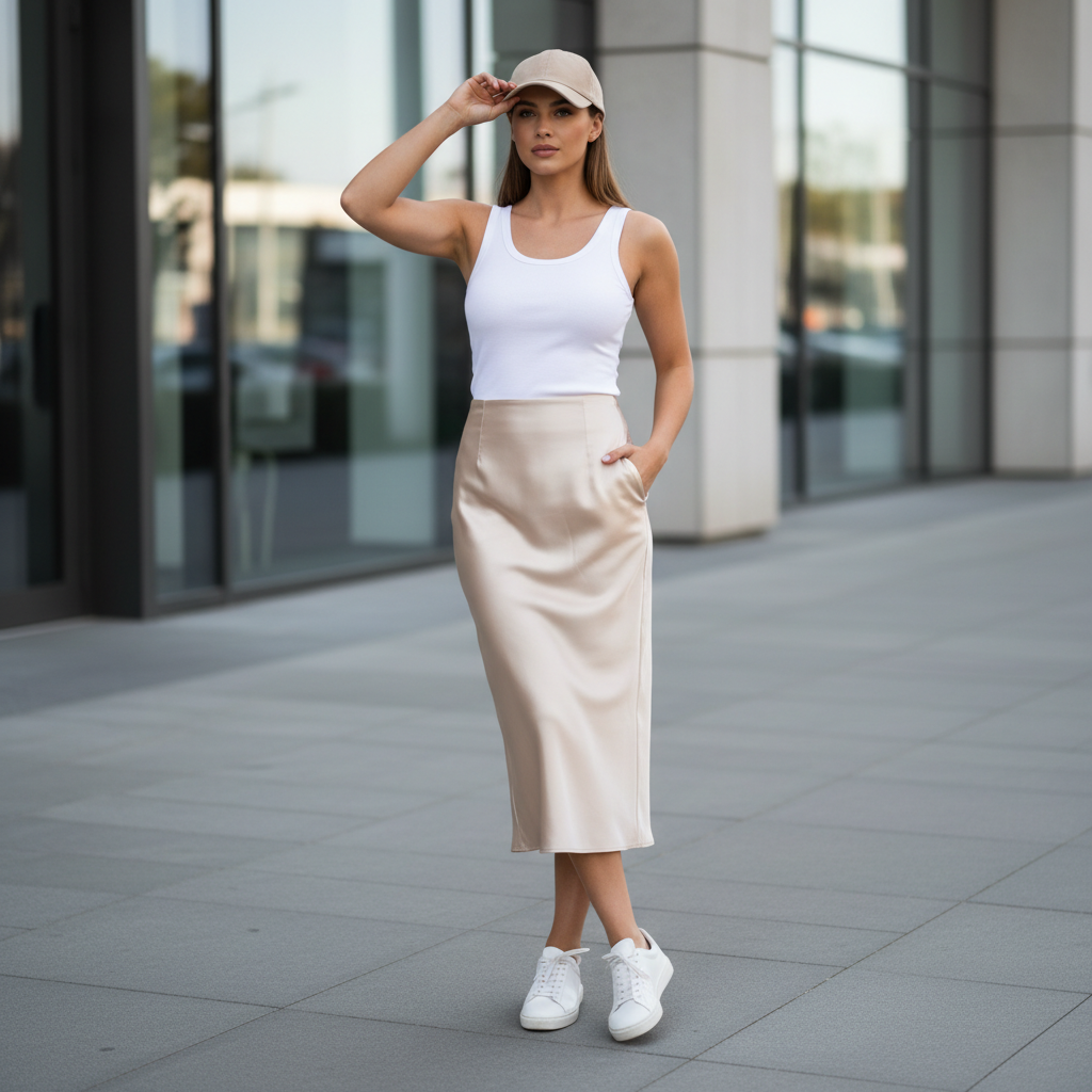Baseball cap styled with a slip skirt and sneakers for a cute outfit