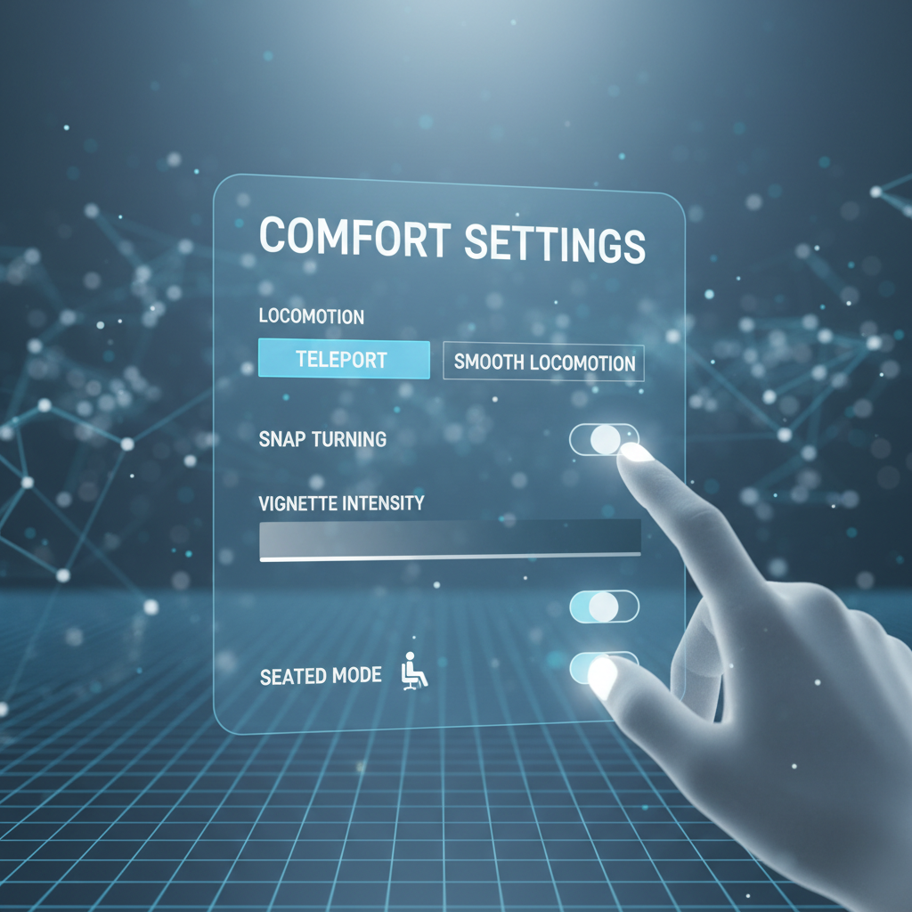 Comfort settings menu in a VR indie game showing locomotion and turning options