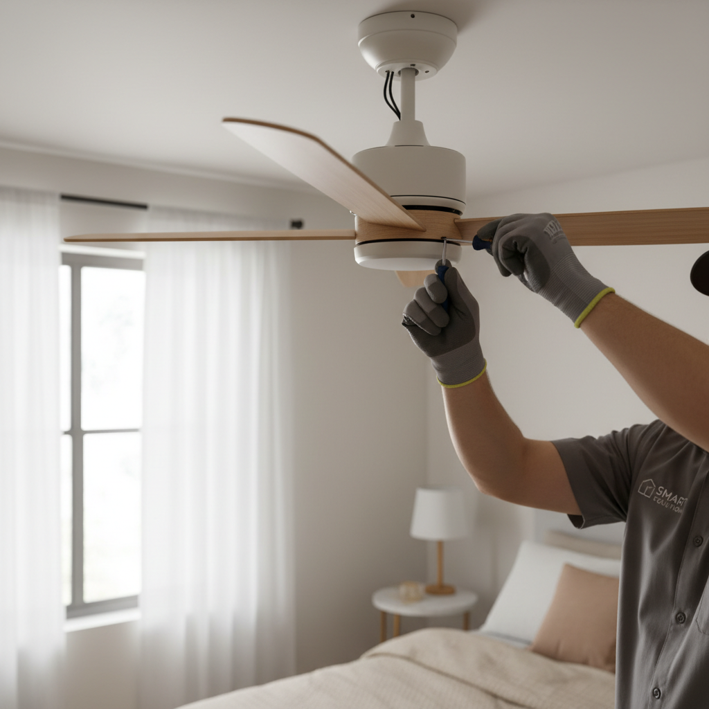 Technician adjusting and balancing a small ceiling fan during installation