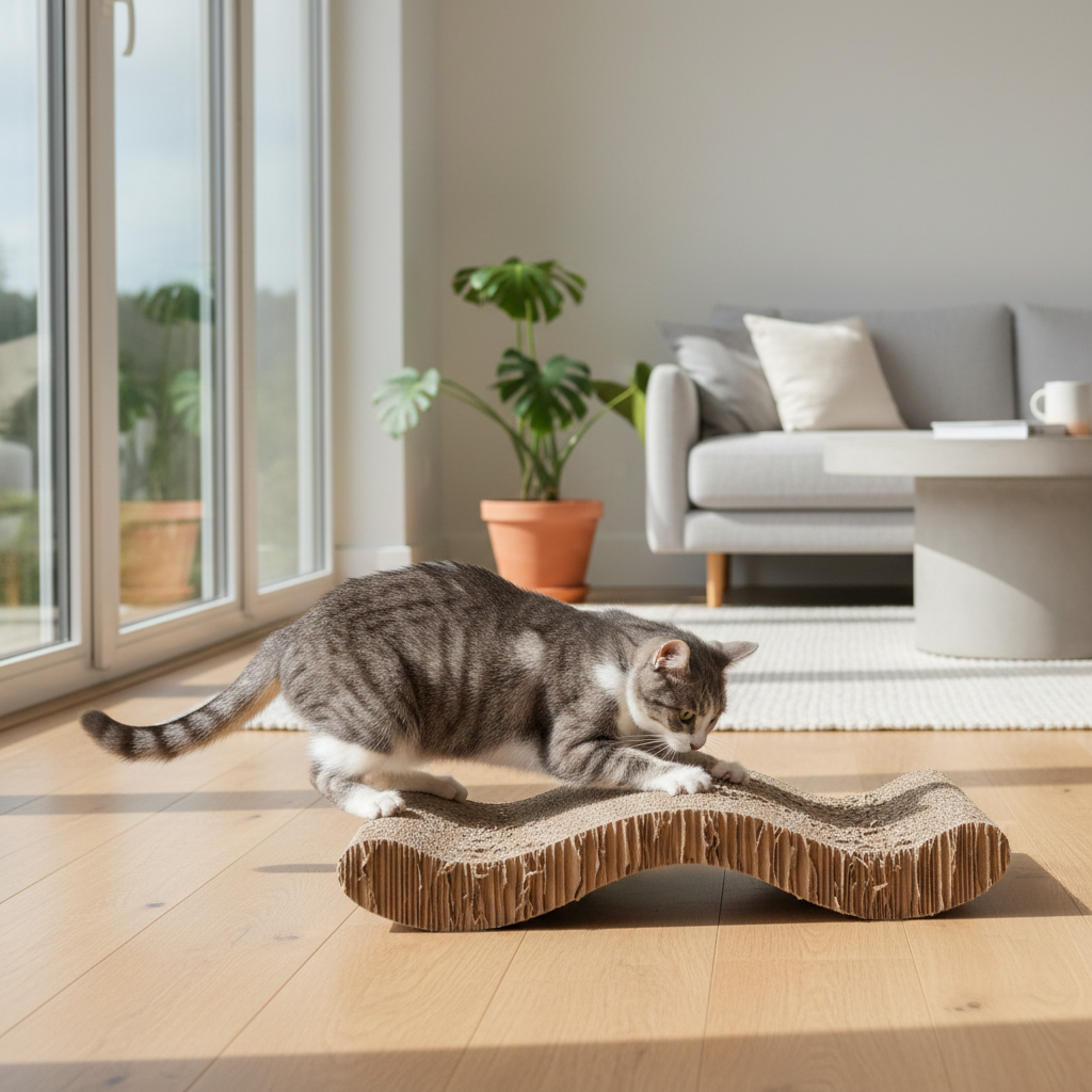 Cat using a cardboard scratcher in a modern living room