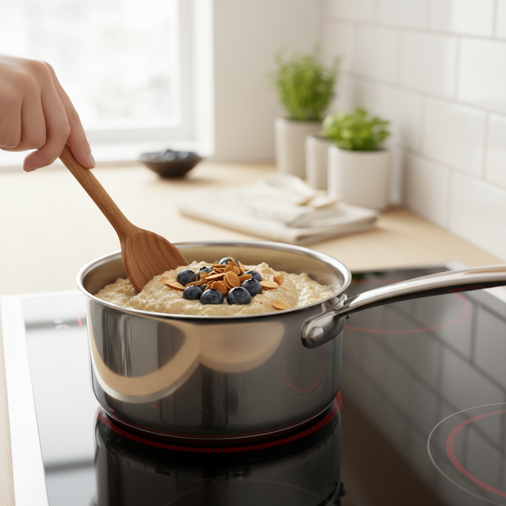 Stovetop oatmeal with blueberries and almonds being stirred in a small saucepan