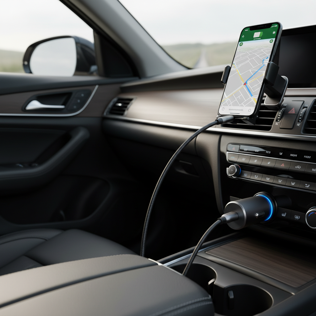 Fast charging car USB charger plugged into a vehicle 12V outlet with a smartphone using navigation