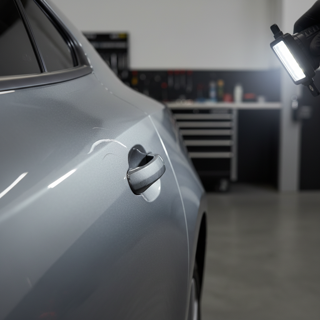 Close-up of a scratch on car paint under bright inspection light